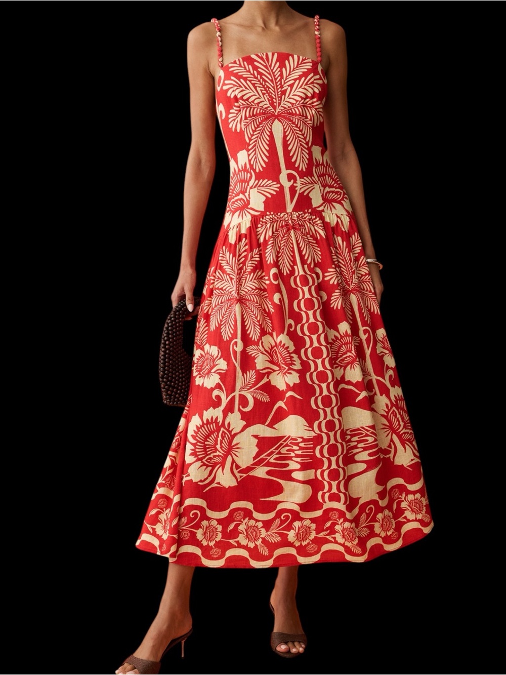 Anaya Few Moda Linen Fernanda Dress Tropical Print Maxi Spaghetti Straps NWT